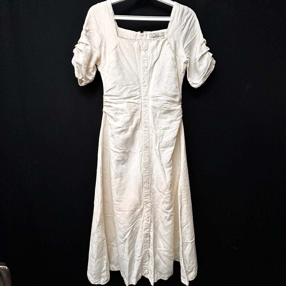LOFT White Linen Blend Square Neck Button Front Midi Dress